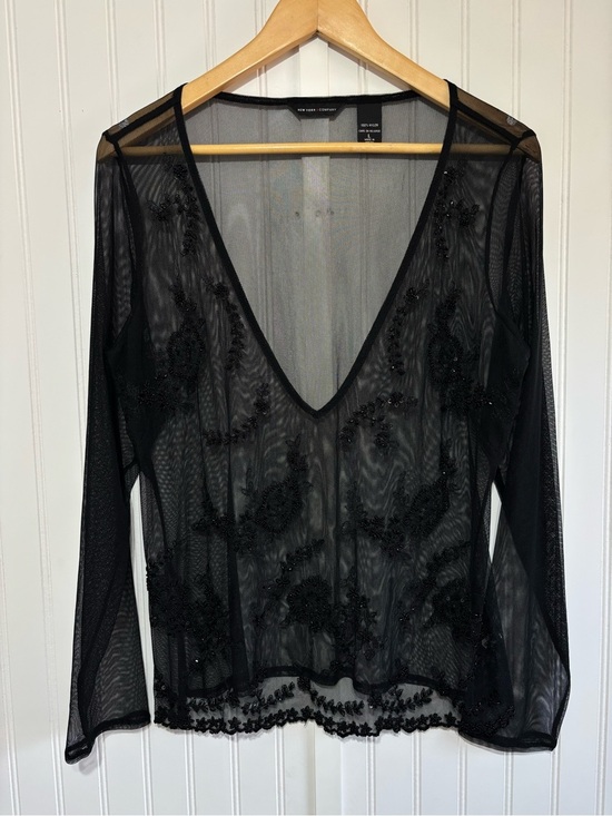 New York & Company Tops - New York & Company Black Sheer Beaded Mesh Deep V-neck Top Whimsy Goth Y2K Large